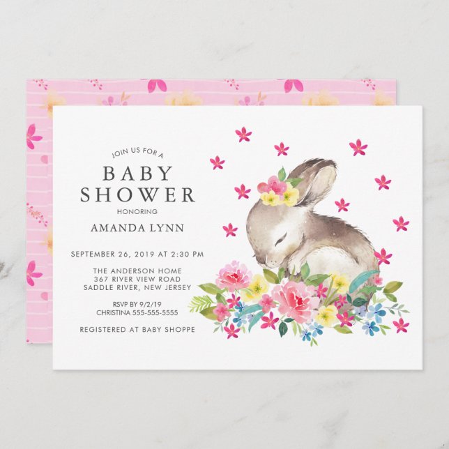 Invitation Aquarelle rose Floral Bunny Baby Girl Douche (Devant / Derrière)