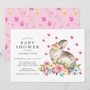 Invitation Aquarelle rose Floral Bunny Baby Girl Douche