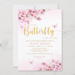 Invitation Aquarelle rose Floral Butterfly Girl Baby shower
