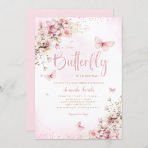 Invitation Aquarelle rose Floral Butterfly Girl Baby shower