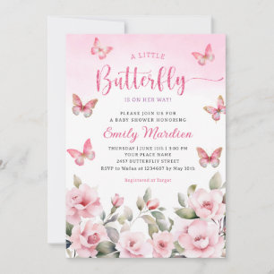 Invitation Aquarelle rose Floral Butterfly Girl Baby shower