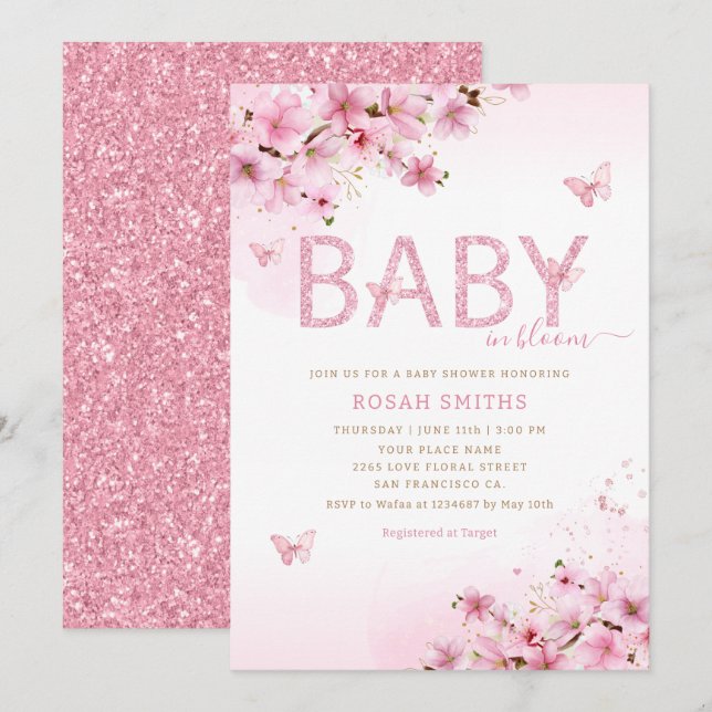 Invitation Aquarelle rose Floral Butterfly Girl Baby shower (Devant / Derrière)