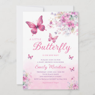 Invitation Aquarelle rose Floral Butterfly Girl Baby shower