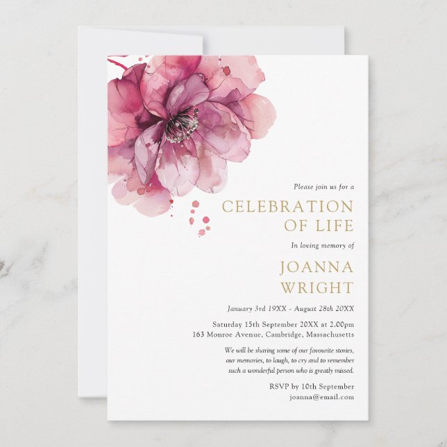 Invitation Aquarelle Rose Floral Célébration De La Vie Funéra (Devant)