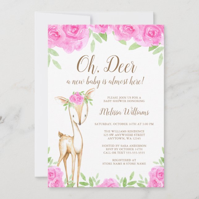 Invitation Aquarelle rose Floral Cerf Baby shower fille (Devant)
