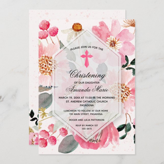 Invitation Aquarelle Rose Floral Christening (Devant / Derrière)