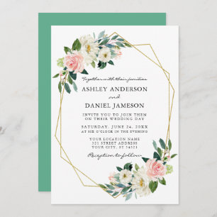 Invitation Aquarelle rose Floral Elégant Cadre Or Neo Mint