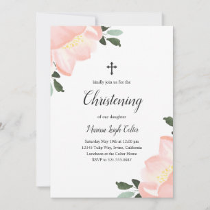 Invitation Aquarelle rose Floral Élégant Christening
