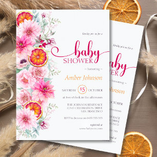 Invitation Aquarelle rose Floral et Baby shower d'agrumes
