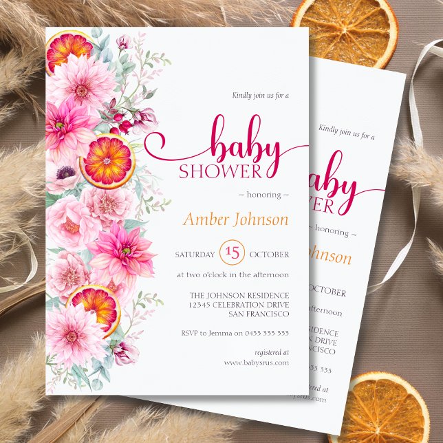 Invitation Aquarelle rose Floral et Baby shower d'agrumes (Pink watercolor flowers and citrus baby shower invitation, baby girl, pink peonies, pink dahlias)