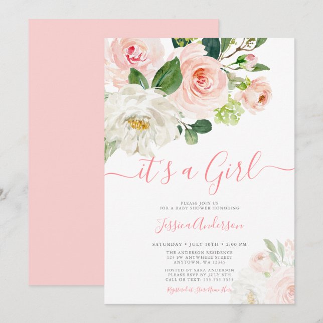 Invitation Aquarelle rose Floral Girl Baby shower (Devant / Derrière)