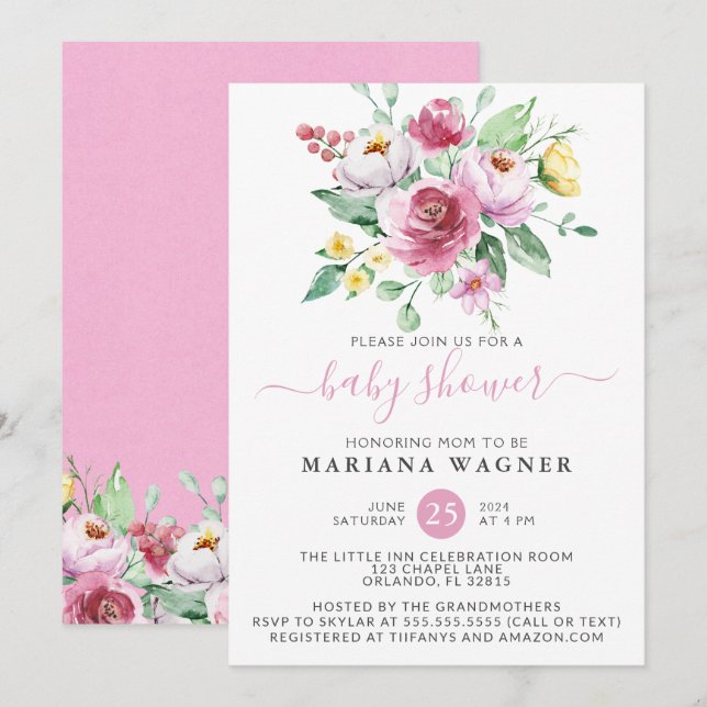 Invitation Aquarelle rose Floral Girl Baby shower (Devant / Derrière)