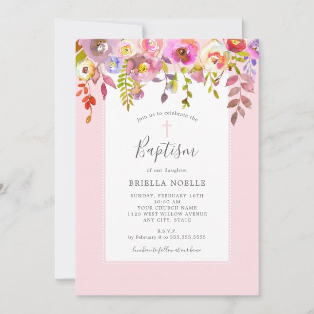 Invitation Aquarelle rose Floral Girl Baptême (Devant)