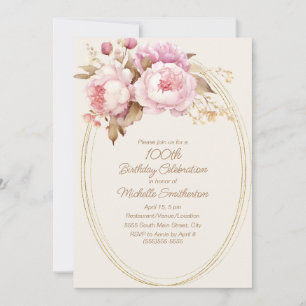 Invitation Aquarelle rose Floral Gold Frame 100e anniversaire