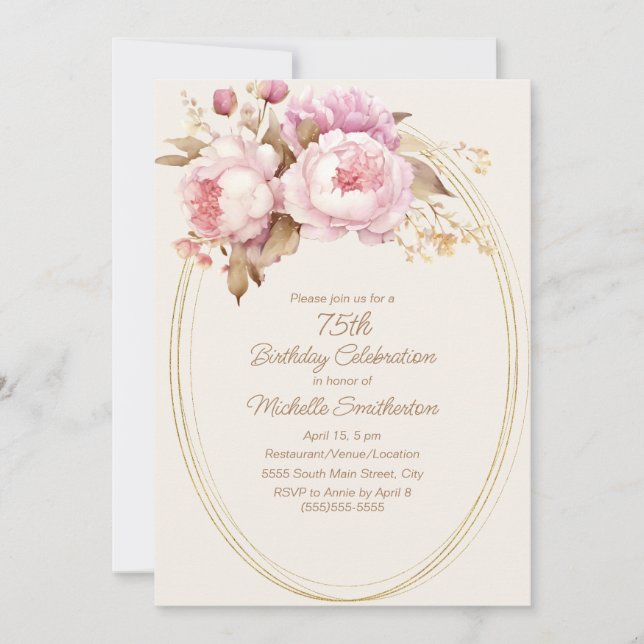 Invitation Aquarelle rose Floral Gold Frame 75e anniversaire (Devant)