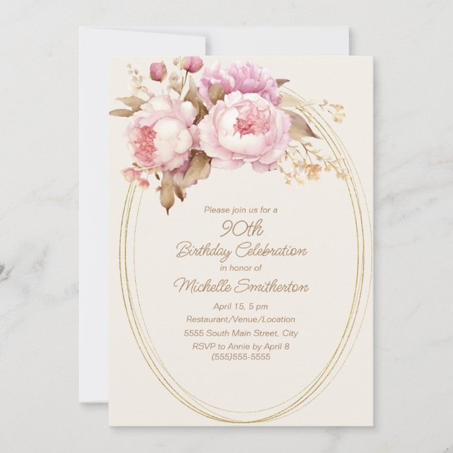 Invitation Aquarelle rose Floral Gold Frame 90e anniversaire (Devant)