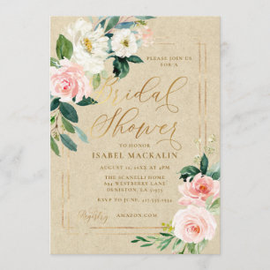Invitation Aquarelle rose Floral Kraft Fête des mariées rusti