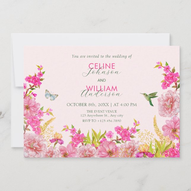 Invitation Aquarelle rose Floral mariage d'oiseaux tropicaux (Devant)