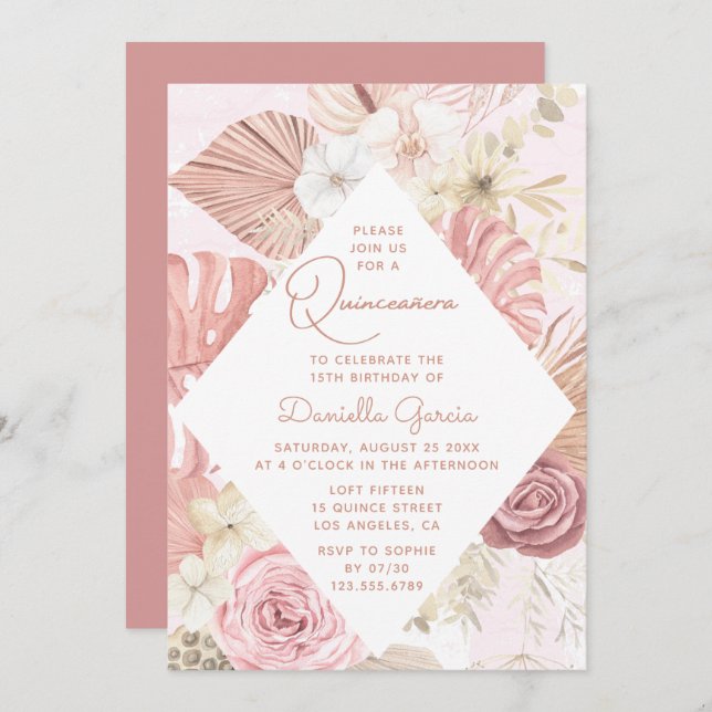 Invitation Aquarelle rose Floral moderne Rustique Quinceañera (Devant / Derrière)