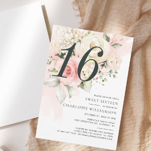 Invitation Aquarelle rose Floral Moderne Sweet 16