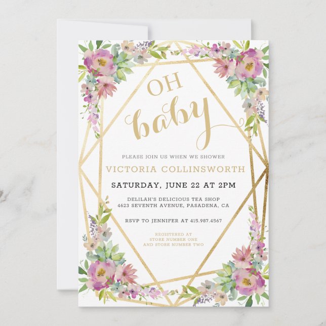 Invitation Aquarelle rose Floral Or Baby shower géométrique (Devant)