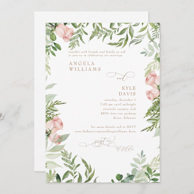 Invitation Aquarelle rose Floral & Or Eucalyptus Invitati (Devant / Derrière)