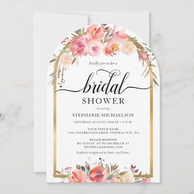 Invitation Aquarelle rose Floral or Fête des mariées (Devant)