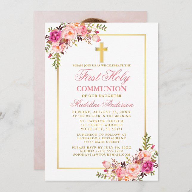 Invitation Aquarelle rose Floral Or première communion Photo (Devant / Derrière)