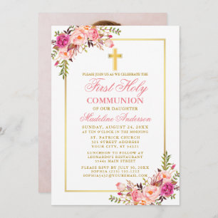 Invitation Aquarelle rose Floral Or première communion Photo