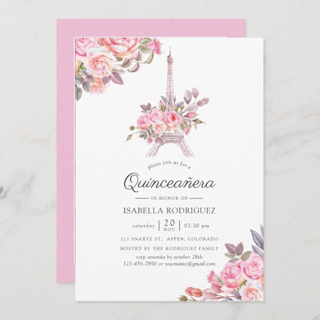 Invitation Aquarelle rose Floral Paris Quinceañera Photo (Devant / Derrière)