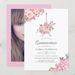 Invitation Aquarelle rose Floral Paris Quinceañera Photo