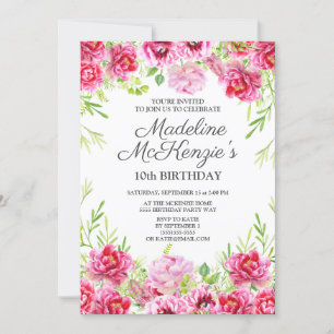 Invitation Aquarelle rose Floral Petite fille 10e anniversair