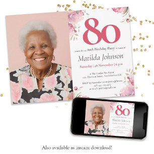Invitation Aquarelle rose Floral Photo personnalisée 80e anni
