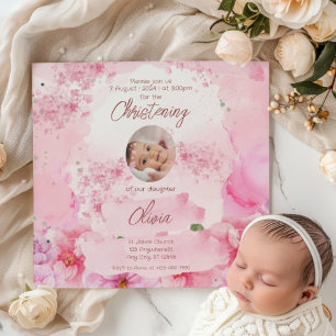 Invitation Aquarelle rose Floral Portrait Baptême