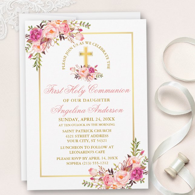 Invitation Aquarelle rose Floral Première Communion Gold Fram (Customize to change text color, size, style or to add more text to back of card.)