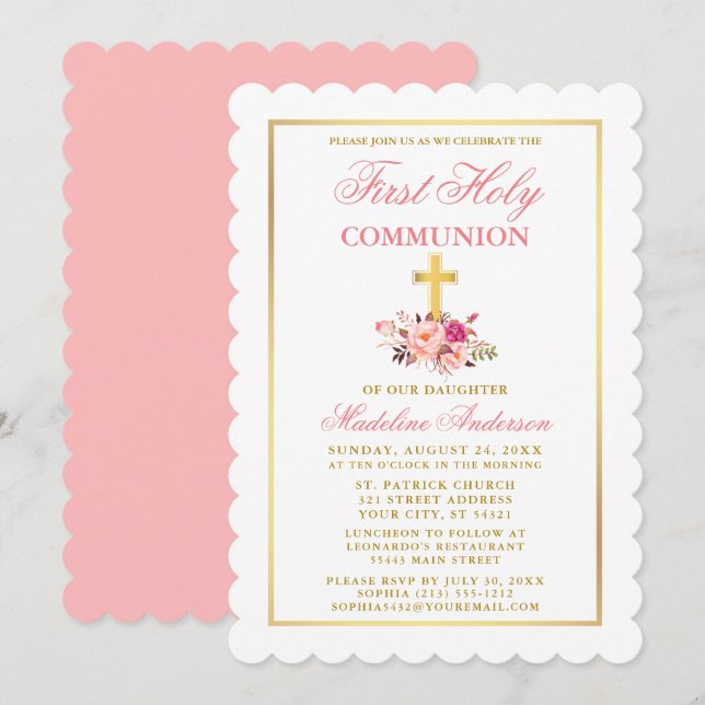 Invitation Aquarelle rose Floral Première Communion Or (Devant / Derrière)