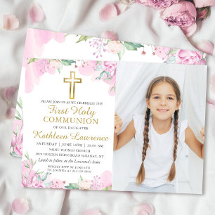 Invitation Aquarelle rose Floral Première Sainte Communion Ph