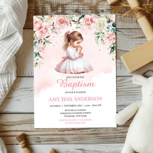Invitation Aquarelle rose Floral Priant Fille Baptême