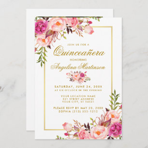 Invitation Aquarelle rose Floral Quinceanera Gold Photo