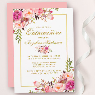 Invitation Aquarelle rose Floral Quinceanera Or