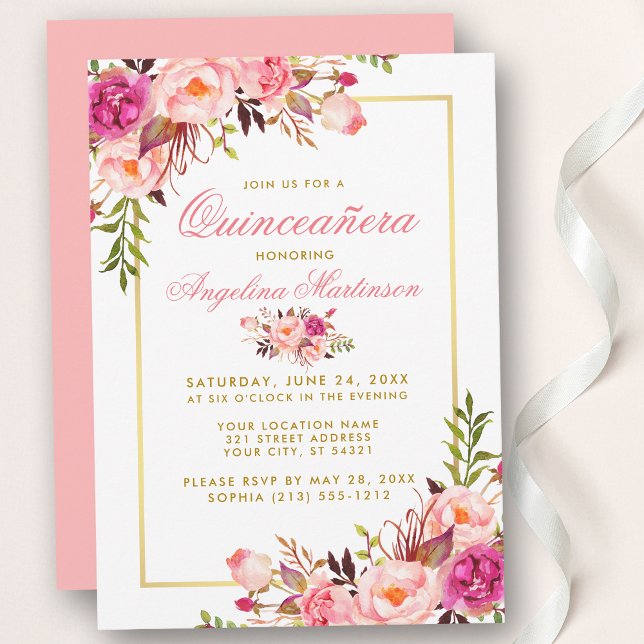 Invitation Aquarelle rose Floral Quinceanera Or (Customize to change text color, style, add text & photos to back or change color of back of card.)