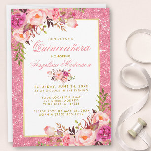 Invitation Aquarelle rose Floral Quinceanera Parties scintill