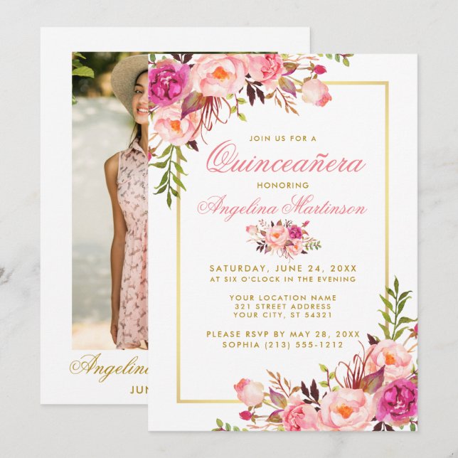 Invitation Aquarelle rose Floral Quinceanera Photo Or (Devant / Derrière)