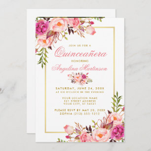 Invitation Aquarelle rose Floral Quinceanera Photo Or