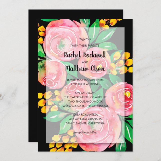 Invitation Aquarelle rose Floral sur Mariage noir (Devant / Derrière)