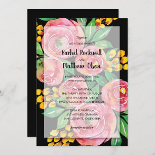 Invitation Aquarelle rose Floral sur Mariage noir