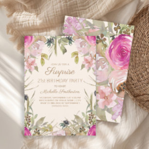 Invitation Aquarelle rose Floral Surprise 21e anniversaire