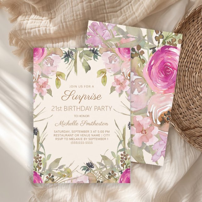 Invitation Aquarelle rose Floral Surprise 21e anniversaire (Elegant pink watercolor floral and sage green leaves surprise 21st birthday party invitation)