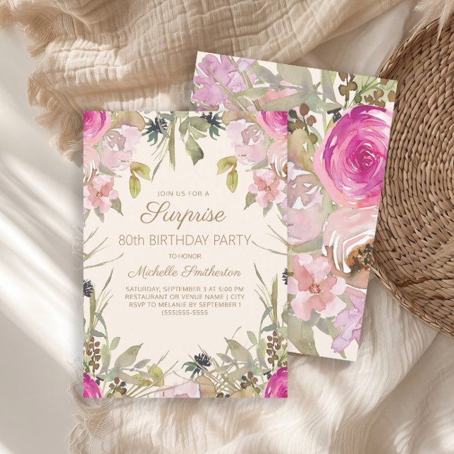 Invitation Aquarelle rose Floral Surprise 80e anniversaire (Pink floral surprise 80th birthday party invitation)