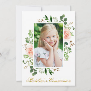 Invitation Aquarelle rose Floral vert Communion photo